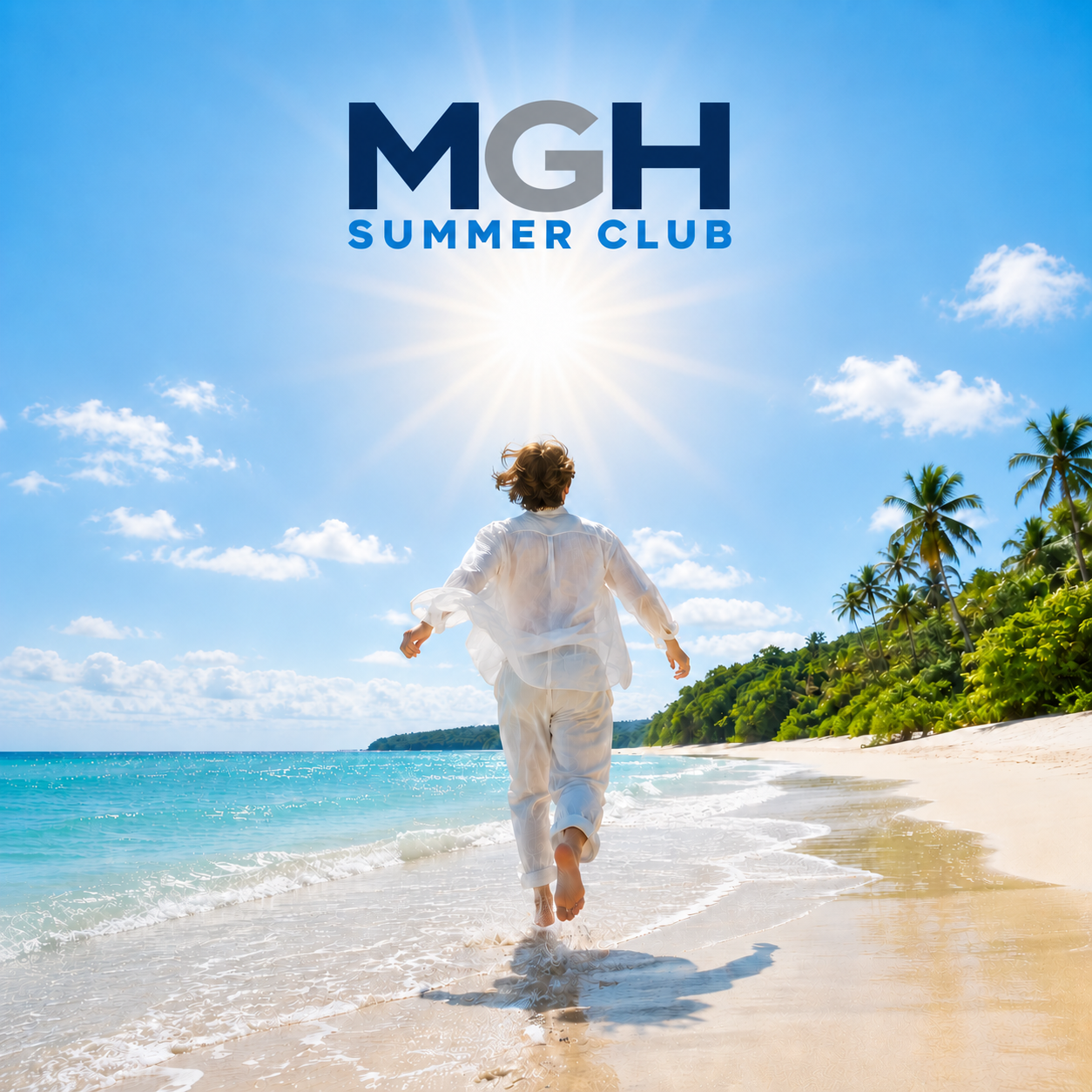 Traveller running towards the summer sun on a tropical beach